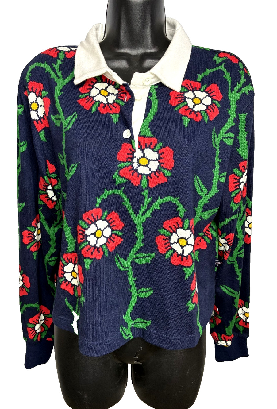 Rowing Blazers Navy Long Sleeve Floral Sweater Blouse White Collar